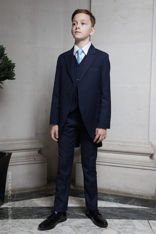 Boys Navy Tail Coat Wedding Suit with Sky Blue Tie | Charles Class